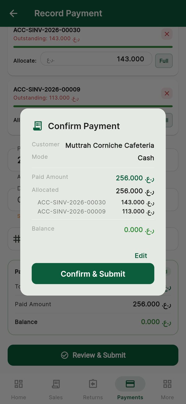 Confirming a 256.000 cash payment from Muttrah Corniche Cafeteria, allocated to two outstanding invoices